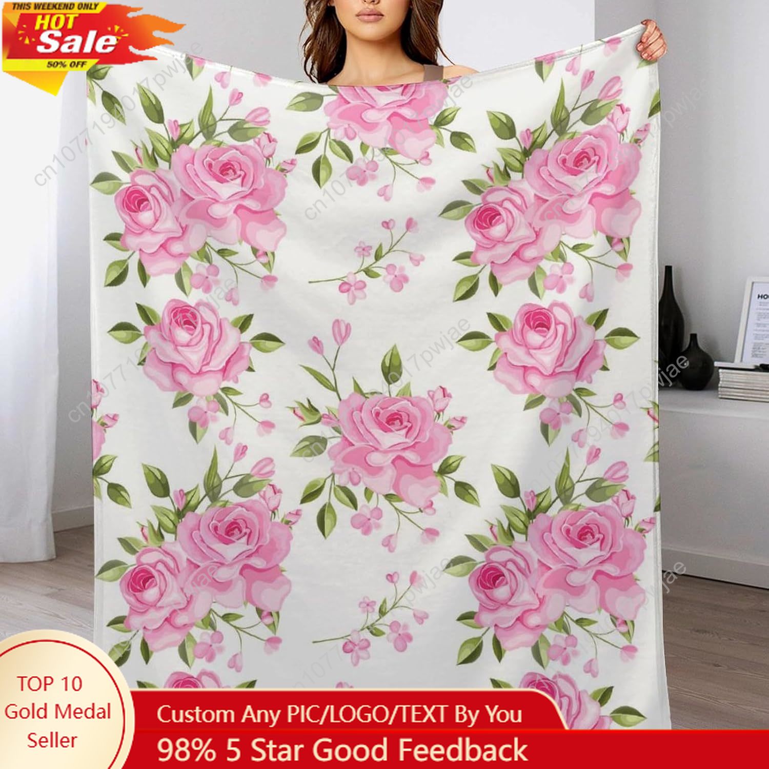 Quality Home Textiles - Rosa Blumen-Überwurfdecke, Blumendekor, Geschenke für Damen
