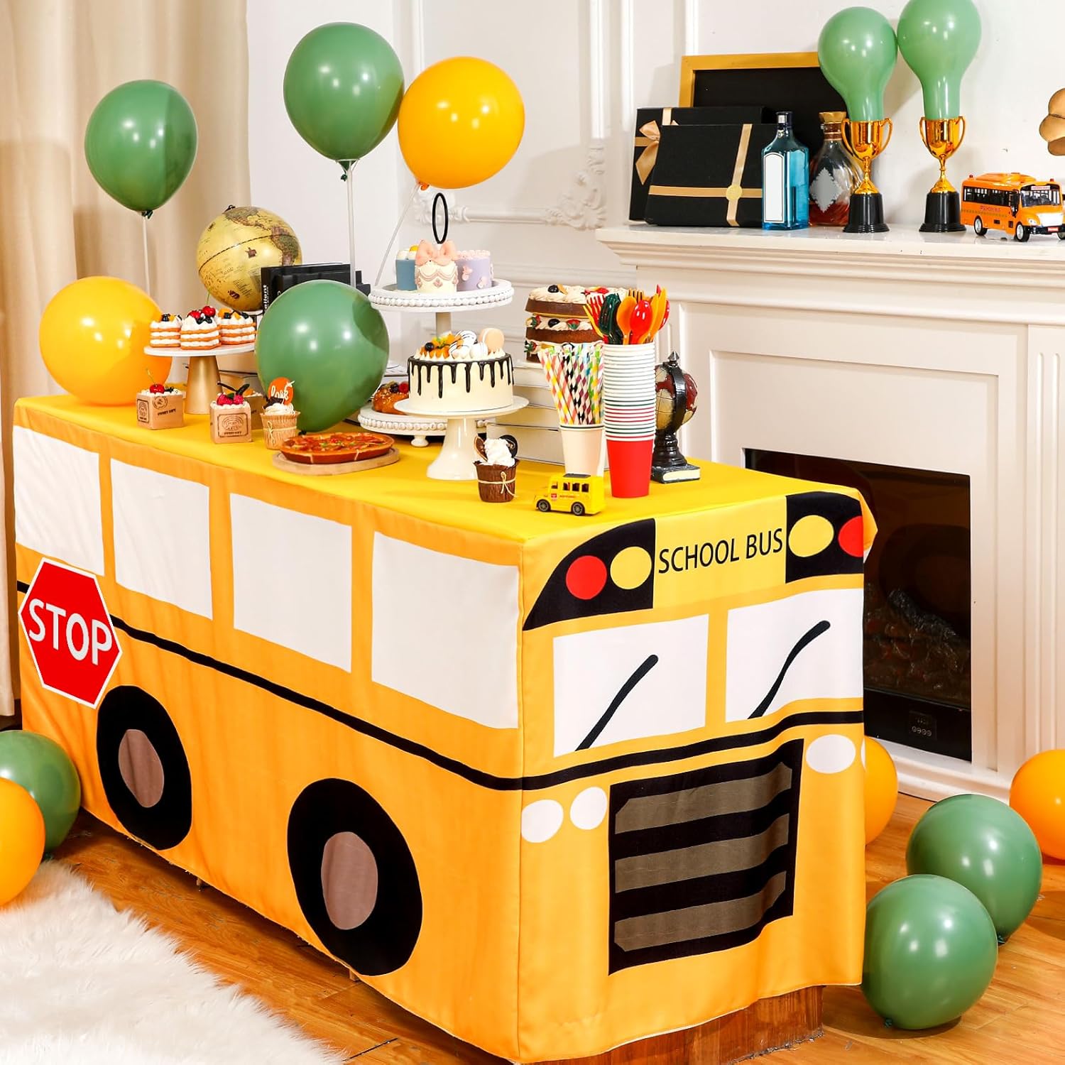 Home Textiles Today News - Cartoon-Schulbus-Tischdecke, Geburtstagsparty-Dekorationen, Tischdecke, waschbarer Stoff, Polyester,